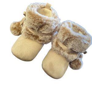 Fuzzy Beige Baby Booties with Pom Poms